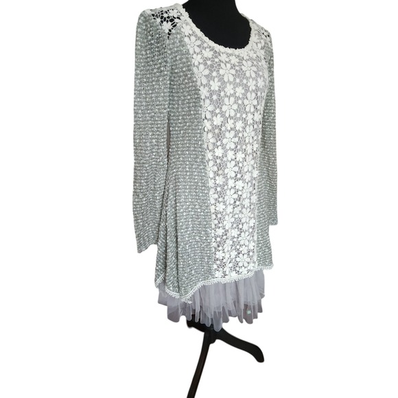 Ryu Sage Green Lace Tulle Hem Tunic Dress Long Sleeve Floral Mixed Media Small - Picture 4 of 12